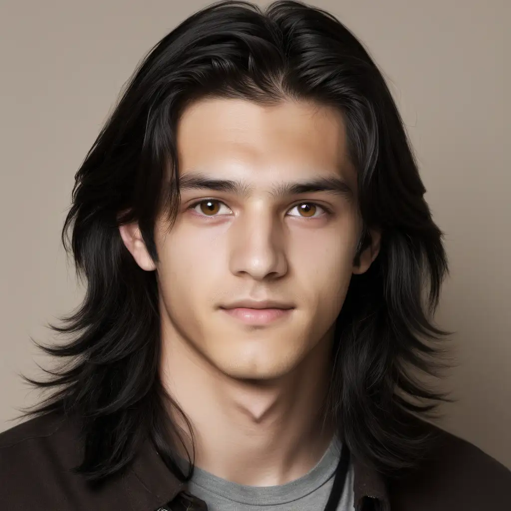 man, teenage, very soft look, feminin face, light brown eyes, long black hair with layers