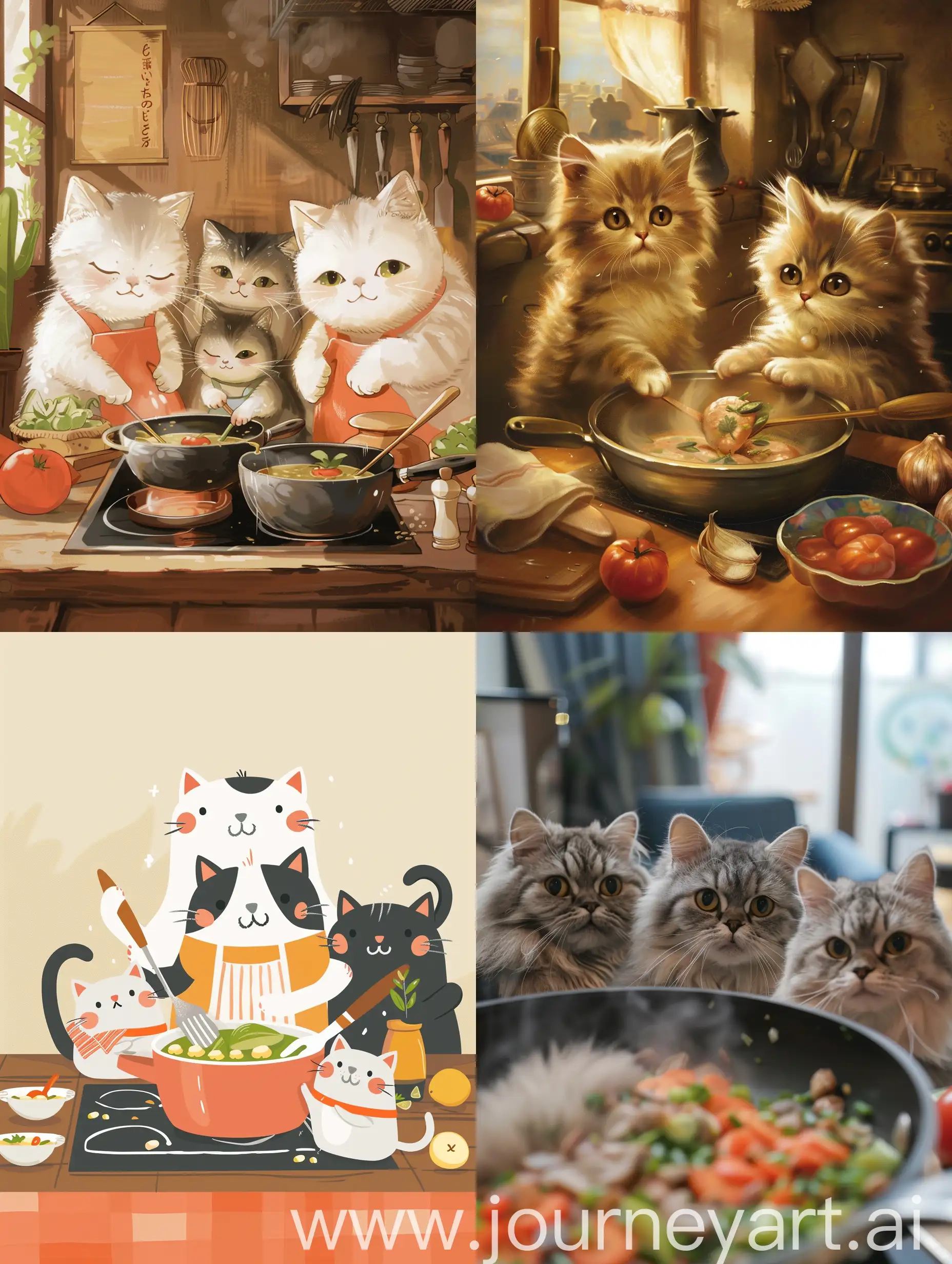 Cat family are cooking together with love.There are fat cat.