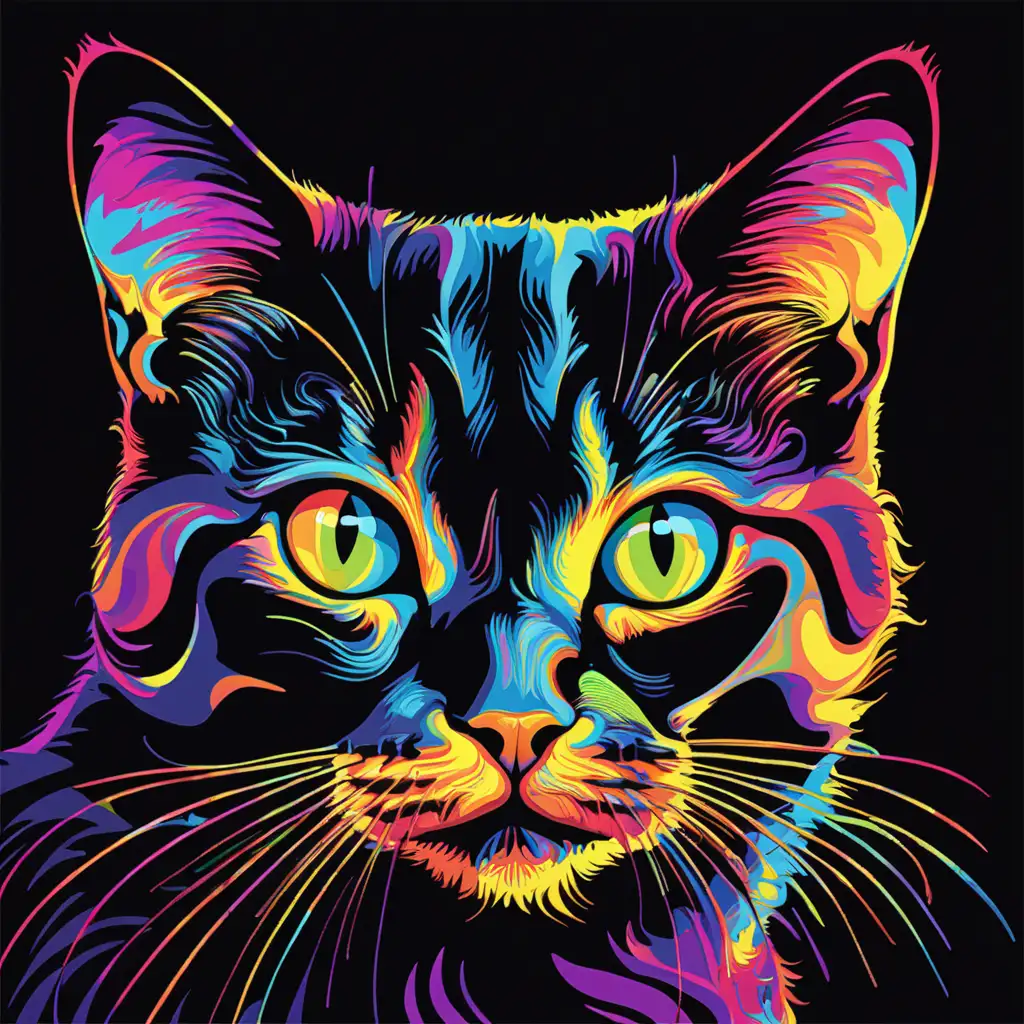 psychedelic image of a multicolored black cat; black background