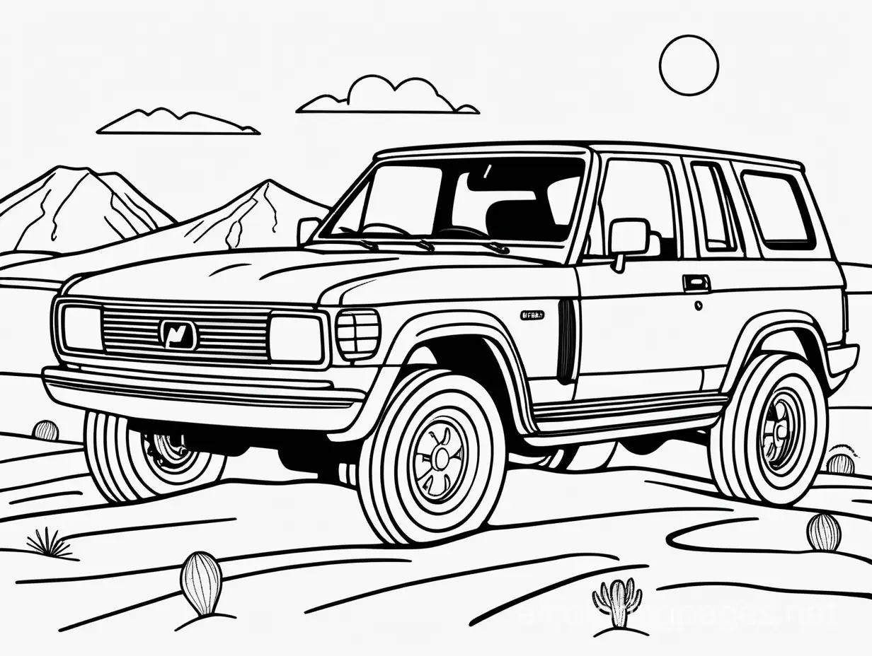 car in the desert, Coloring Page, black and white, line art, white background, Simplicity, Ample White Space. The background of the coloring page is plain white to make it easy for young children to color within the lines. The outlines of all the subjects are easy to distinguish, making it simple for kids to color without too much difficulty