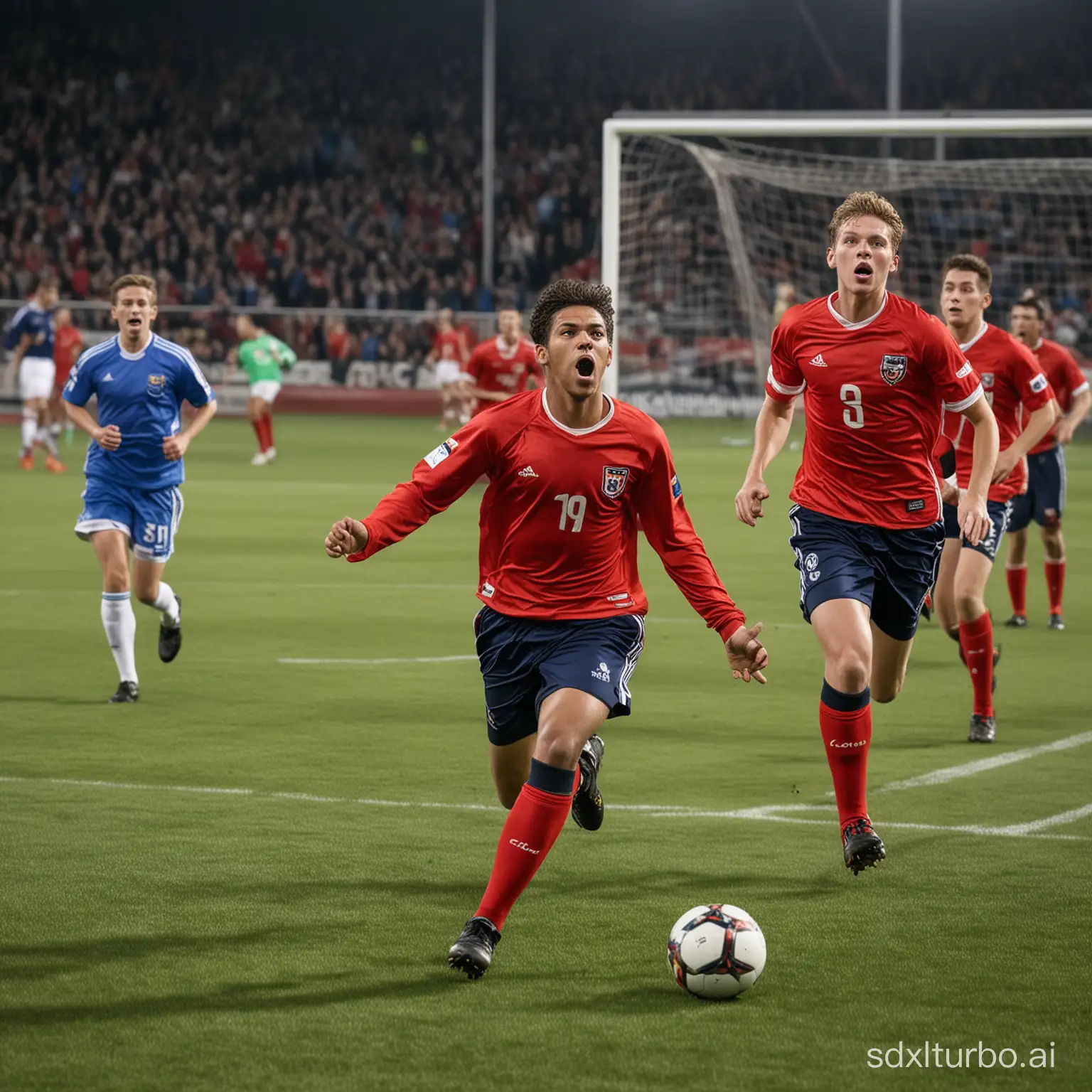 Create a hyper-realistic image capturing a dynamic and exhilarating moment in a junior league football game where one of the young players, dressed in a vibrant red jersey, shorts, and matching socks, is just about to score a goal. The scene unfolds on a well-maintained grassy pitch under the bright, clear sky of a perfect game day. The opposing team, clad in striking blue uniforms, watches in anticipation and slight dismay as the red team's star makes their move. The football, caught in mid-flight, is moments away from crossing the goal line, where a determined goalkeeper, in a unique neon green kit, leaps with an outstretched hand trying to make the save. The expressions on the players' faces, from determination to awe, and the dynamic positioning of their bodies should capture the intensity and passion of the game. The scene is bustling with energy, showcasing the essence of youth sports: excitement, competition, and pure joy of the game.