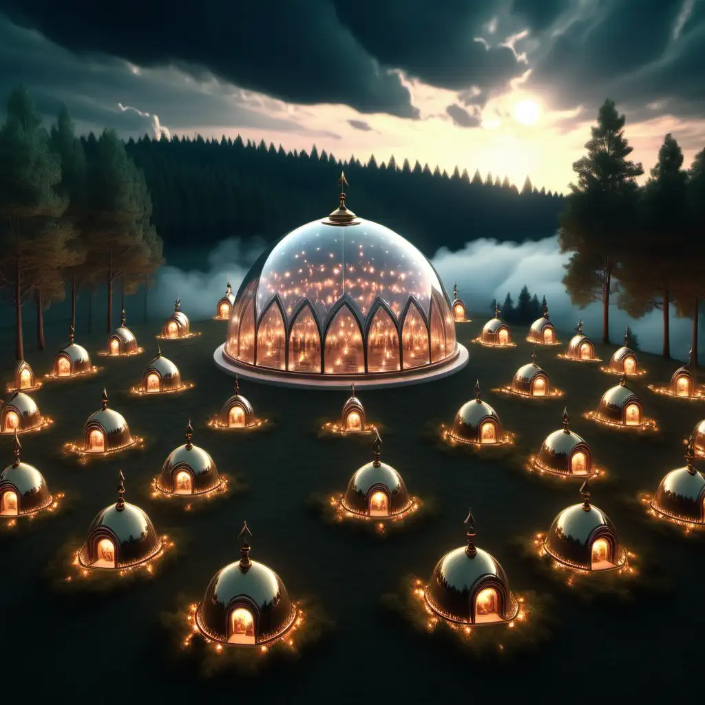 create realistic magic spiritual retry one domes with many people with lamps and forest and beautiful sky , 1080p resolution, ultra 4K, high quality