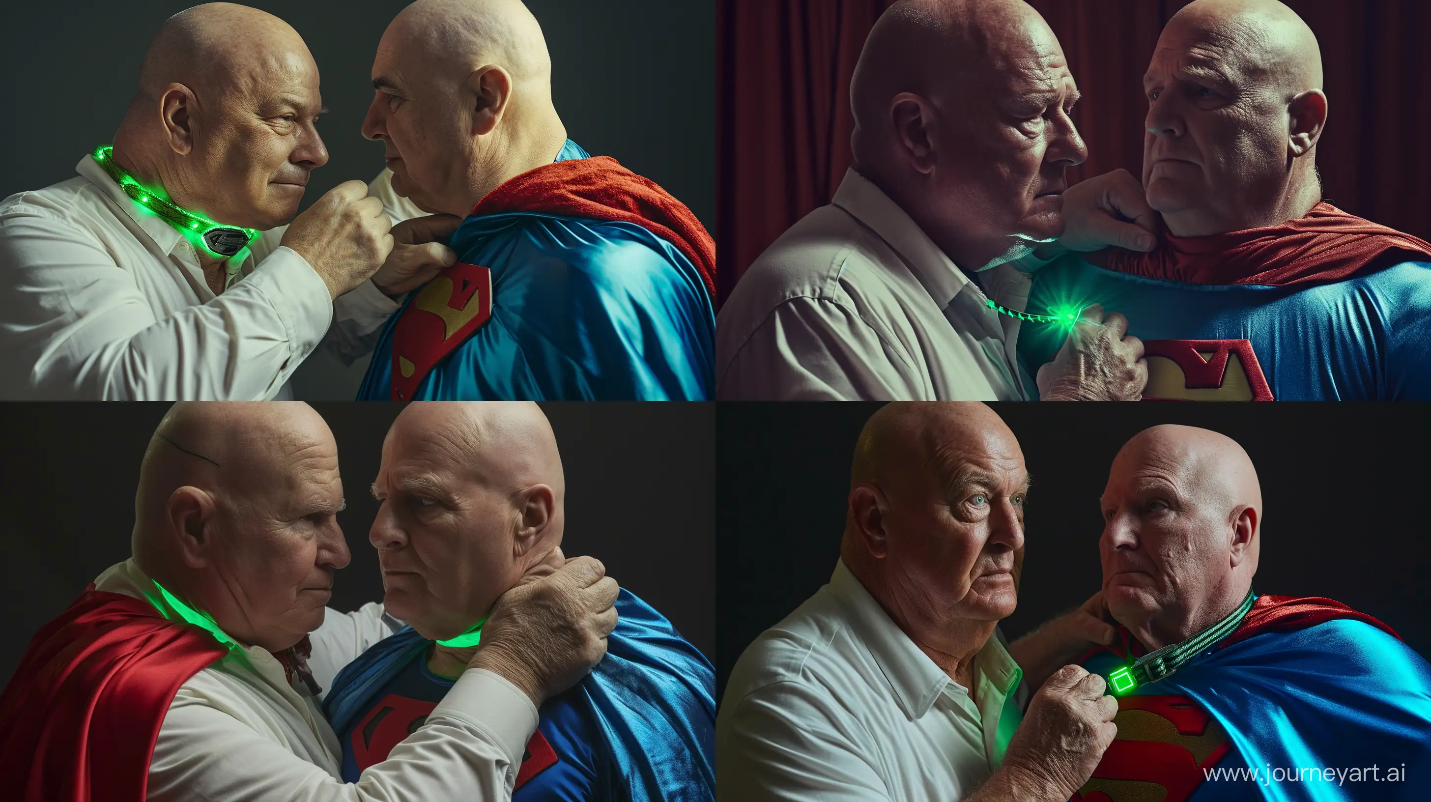 Elderly-Men-Engage-in-Playful-Costume-Activity-with-Glowing-Dog-Collar