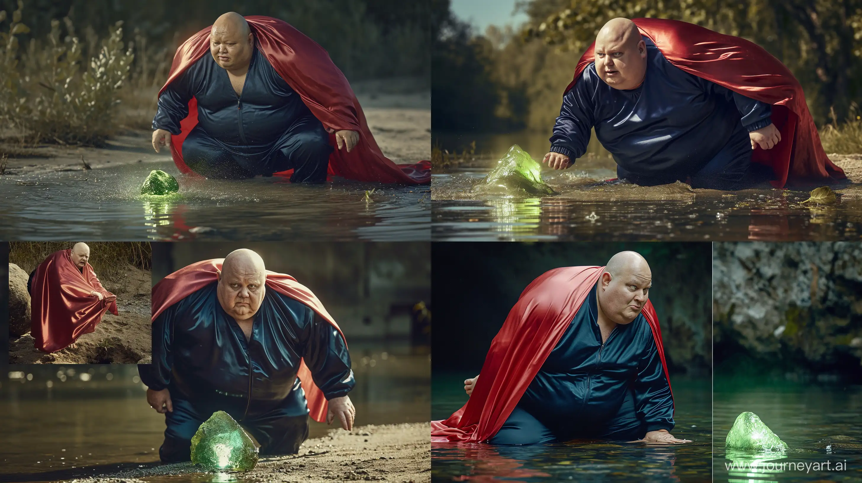 Fearful-Elderly-Man-in-Silky-Navy-Tracksuit-Confronts-Mysterious-Green-Rock-in-Water