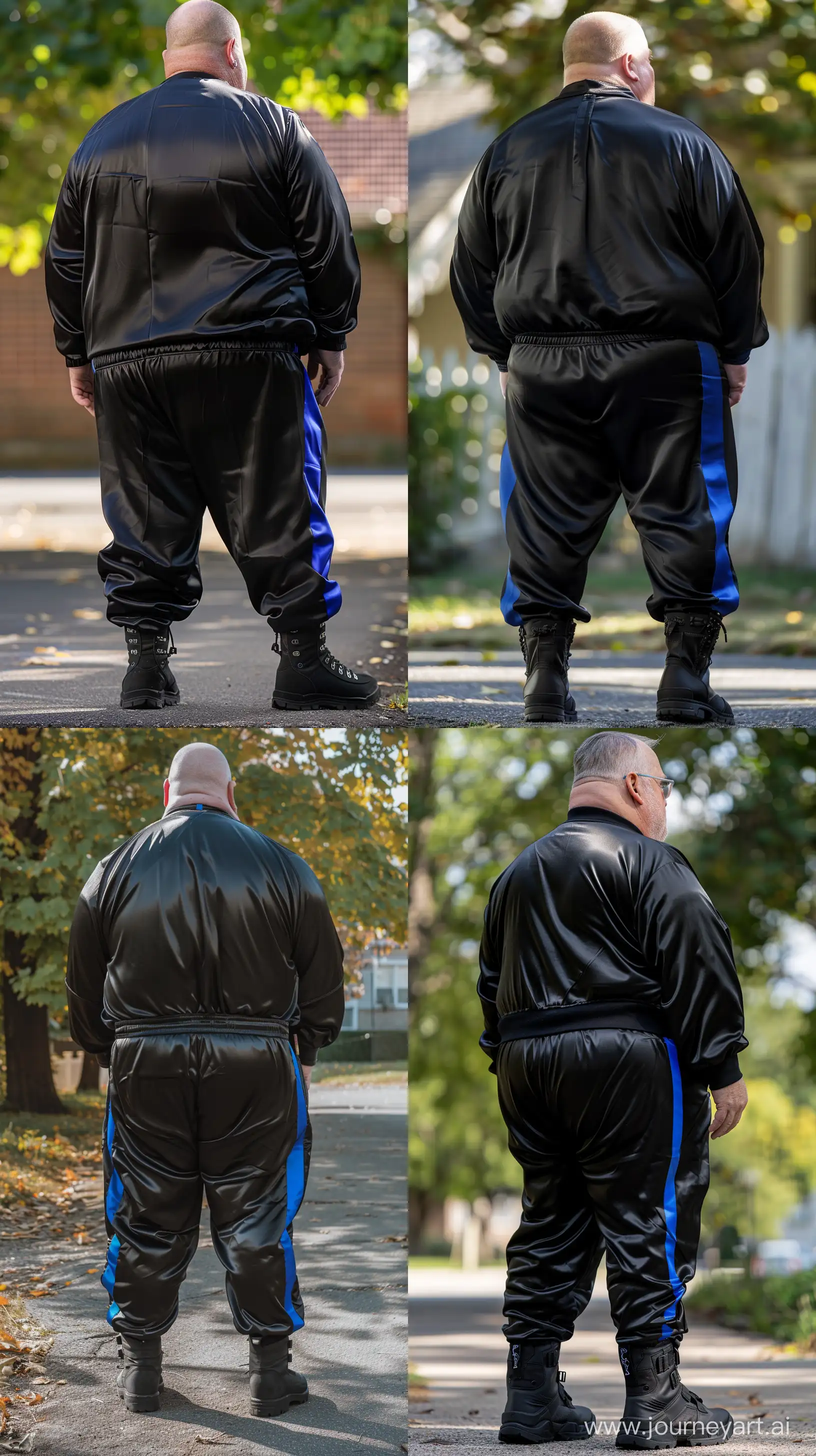 Back view photo of a very fat man aged 60 wearing a silk black tracksuit with royal blue stripe on the leg. Black tactical boots. Standing Outside in Summer. --style raw --ar 9:16