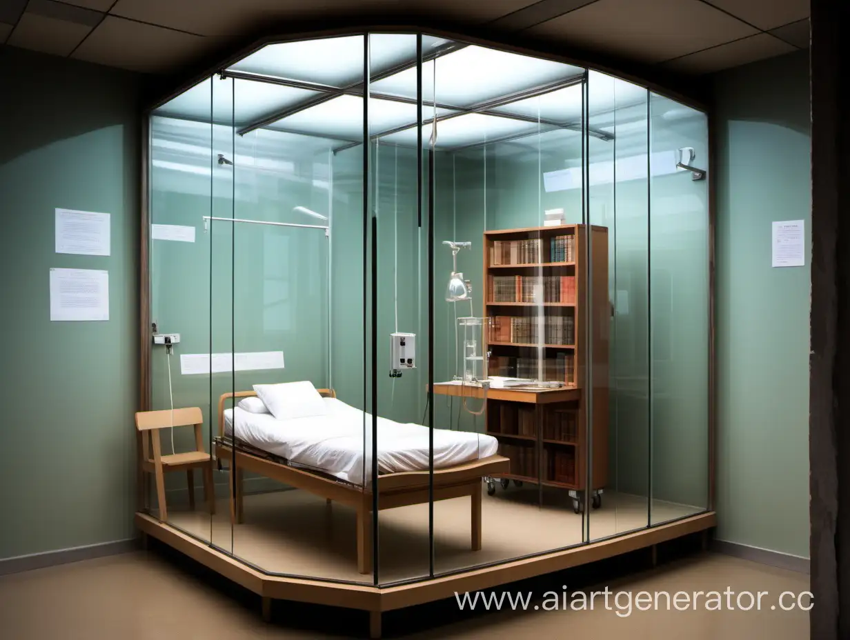 Комната с 4мя стенами из стекла, абсолютно прозрачные, в комнате обычная деревянная кровать, стол и стул, небольшая стопка книг внутри комнаты. Мама комната очень маленького размера 
Похожая на больничную палату в секретной лаборатории 