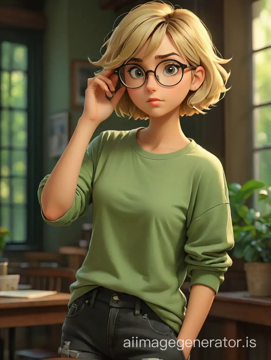 A serious girl in cartoon style, with big round glasses, A thoughtful face, One hand at the glasses, Blonde BobCut, full-length, wearing a a green T-shirt in a loose size with a long rolled up sleeve, black wide-fitting jeans, his hands in his pockets, sneakers, full-body shot, flirting pose, maximum detail, best quality, HD, gorgeous light and shadow, detailed design, 3D quality