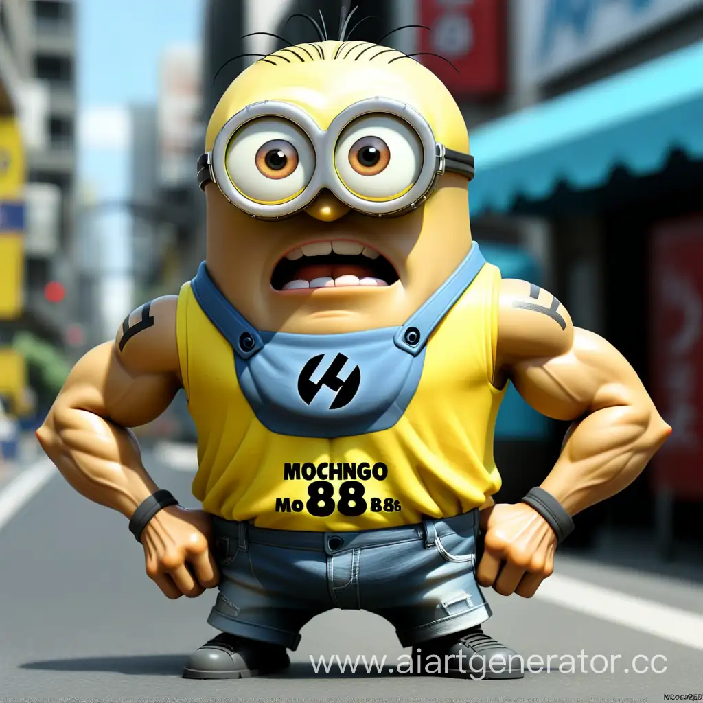 Yellow Minion, with muscles, on his T-shirt Writed "Mochongo88"