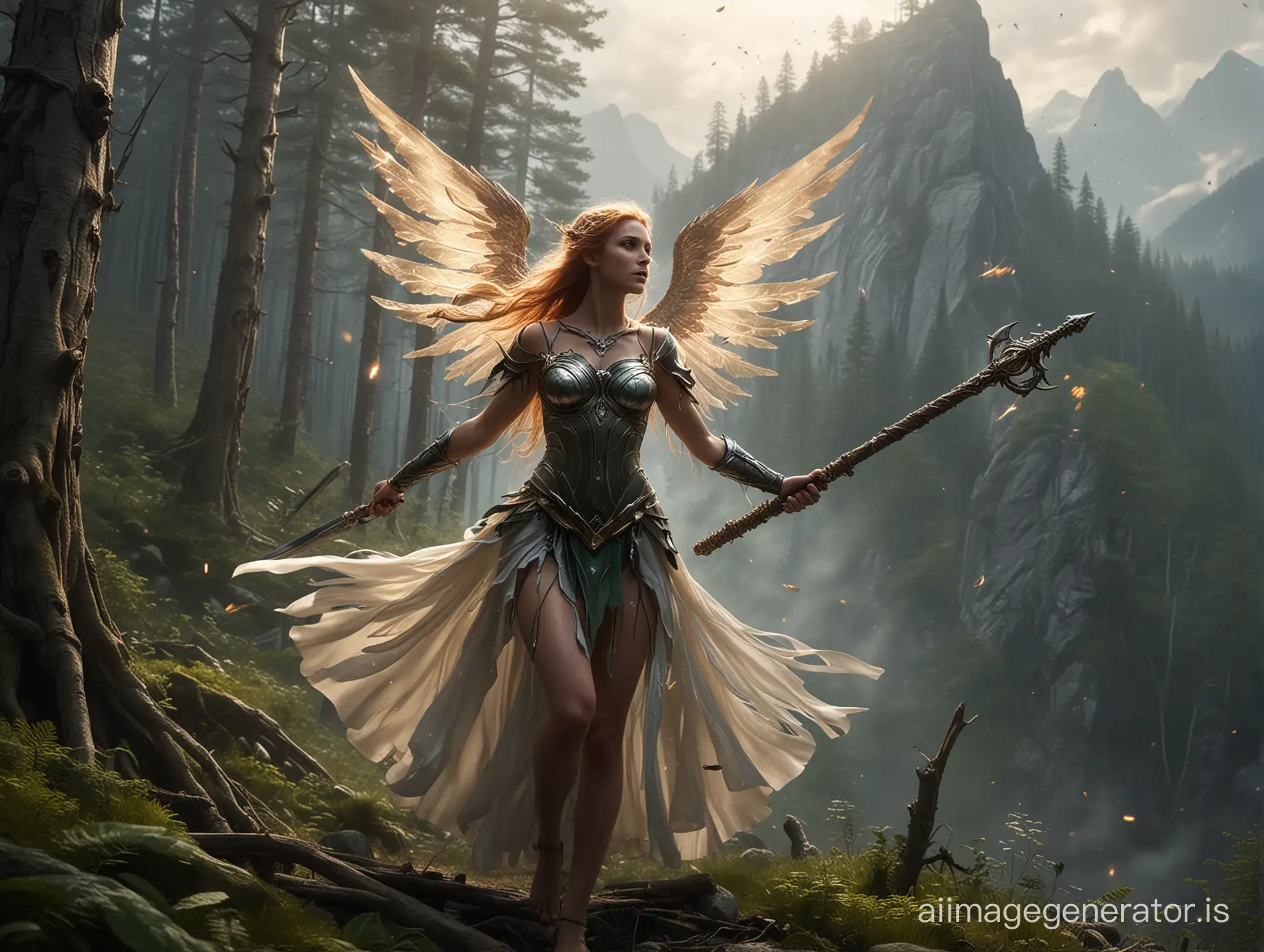 New task, against the backdrop of a mountain, a battle unfolds between a female forest nymph and a female angel. The forest nymph wielding a scepter made of wood, while the angel wields a sword. The moment I want to capture is when their weapons clash and sparks begin to fly from them.