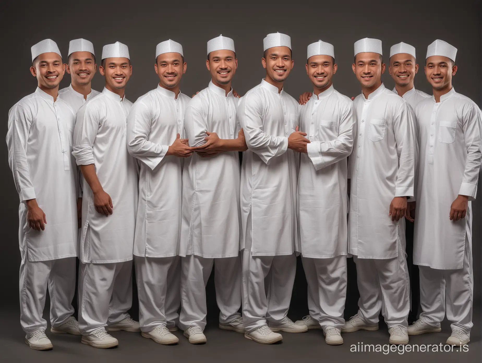 Create realistic photography. a total of twenty adult humans (southeast asian men). In a standing position. Everyone is normal and happy together. white Muslim clothes. Wearing a white Muslim hat. Dark colored photo studio background.