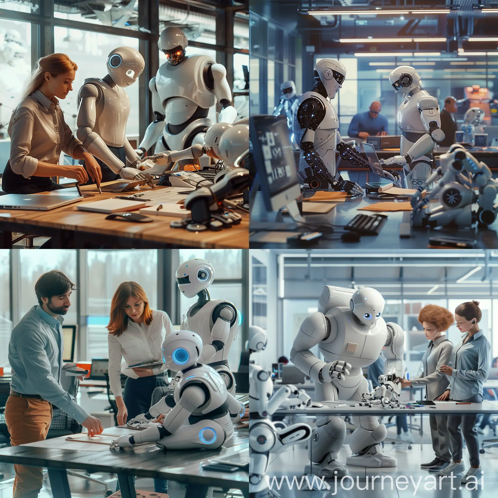 Create a photo-realistic image of a small team of technology founders working alongside robots in a futuristic, high tech office.