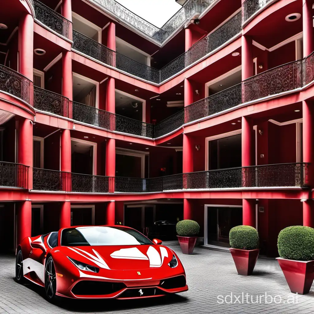 red a Ferrari huracan car in a mansion of 4 floors