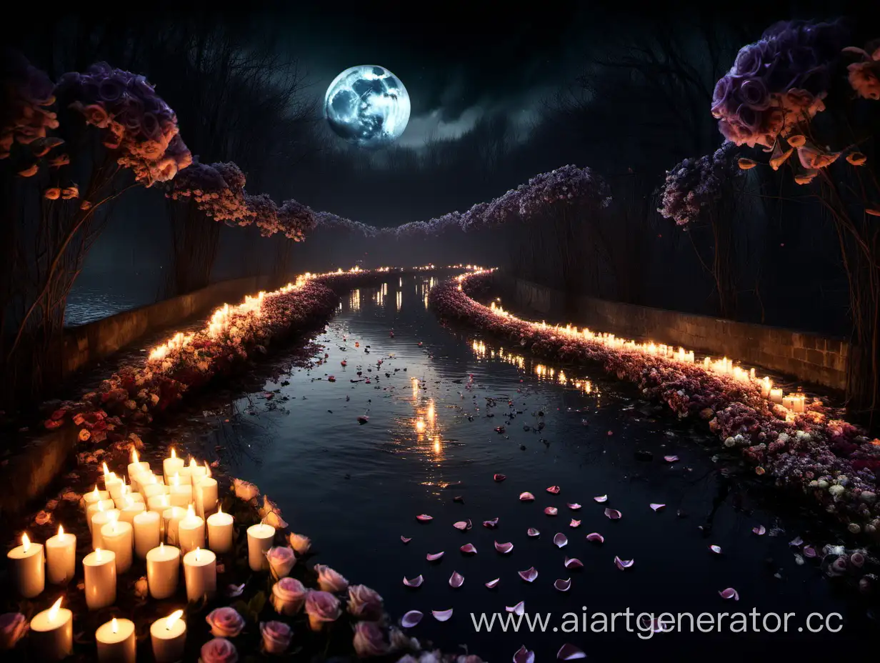 river, night, flowers, candles, many flowers, petals in the river, magic, fairy tale, dark fairy tale, evil fairy tale, emptiness, ominous atmosphere, moon