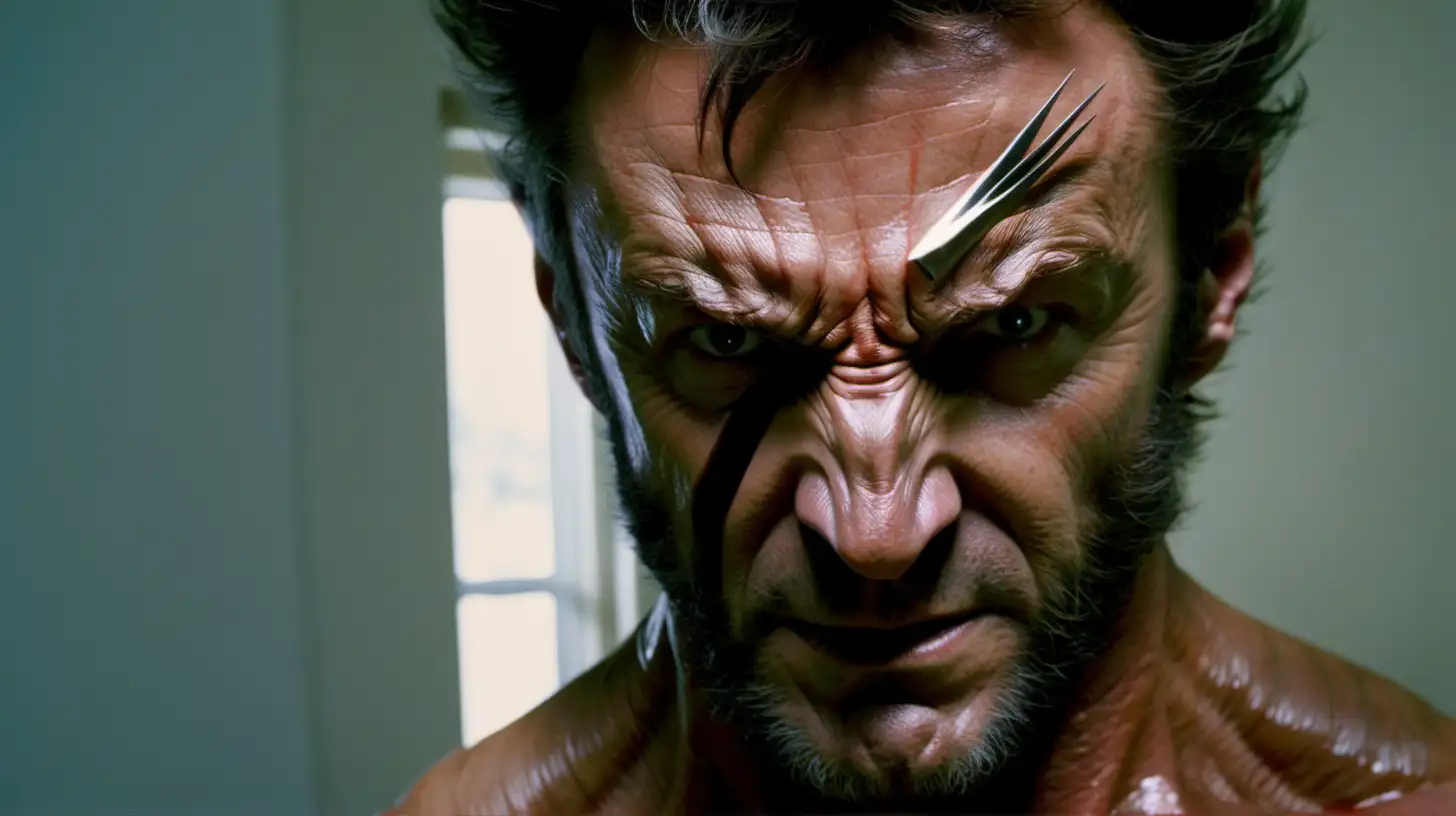 Close up photo of wolverine with a portion of his mask ripped off on Kodak 400 film