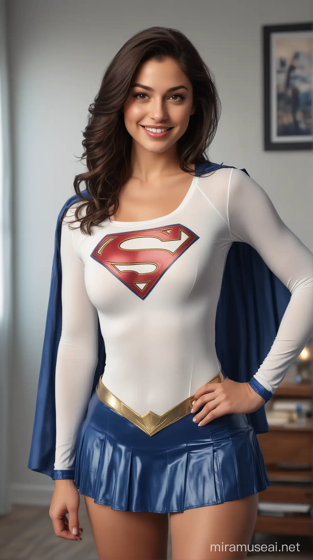 A captivating and hyper-realistic photo of a woman of stunning beauty with an infectious radiant smile, who is dressed in a white bodysuit and a short blue skirt with a prominent blue emblem on the chest, symbolizing the iconic Supergirl. She has long, wavy dark hair, standing in a spotless, bright room, exuding comfort and warmth through its impeccable cleanliness and warm lighting. The beautiful woman looks directly at the viewer with a confident expression. The bodysuit fits the body and highlights your physique. She also wears a blue skirt, a silver belt, a blue cape, and blue boots. The woman's expression conveys joy and fulfillment. The backdrop is a bright room with white walls, a 3D rendering of a cozy atmosphere, a comfortable and impeccably clean home environment, photo, ultra HD rendering, 8K