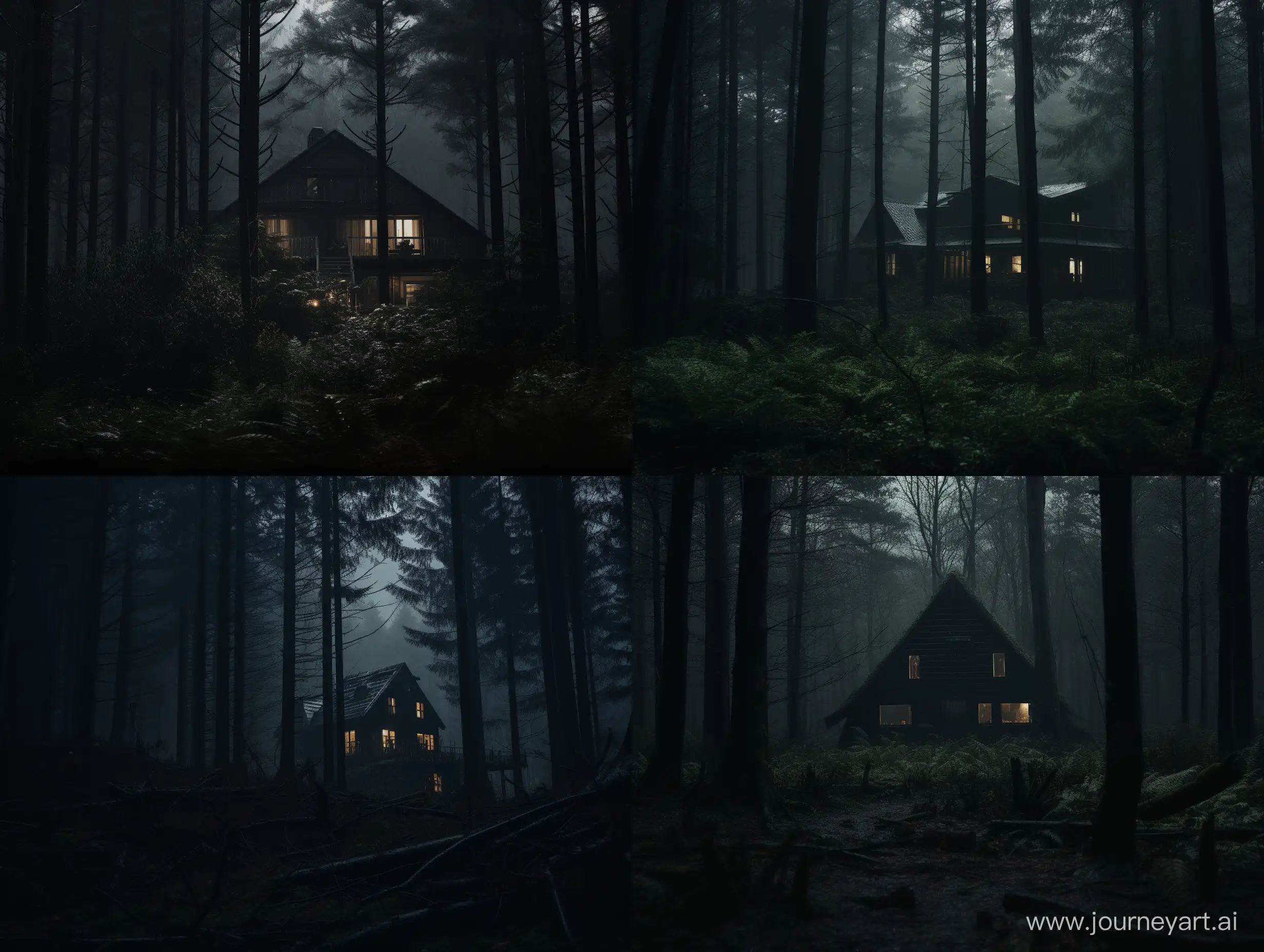 A house is placed in the middle of the forest , Cinematic depth of field , dark moody , ultra high res