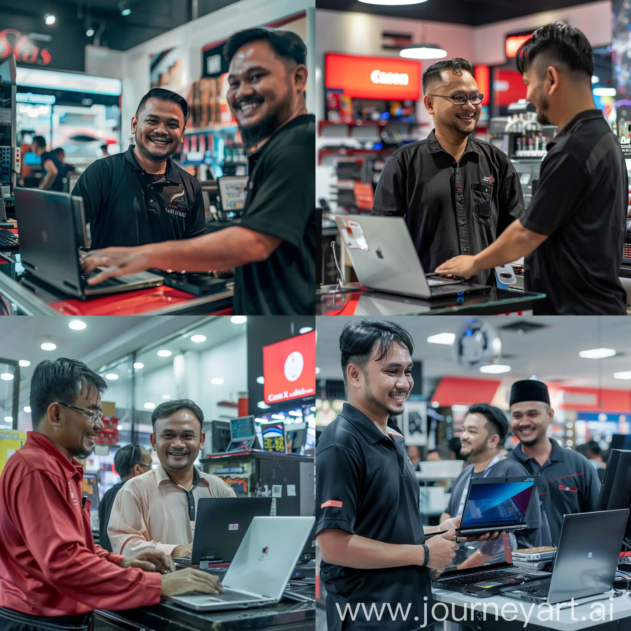 ultra realistic, malay mechanic smiling at customer who bought laptop from him on the counter, modern computer shop, canon eos-id x mark iii dslr --v 6.0