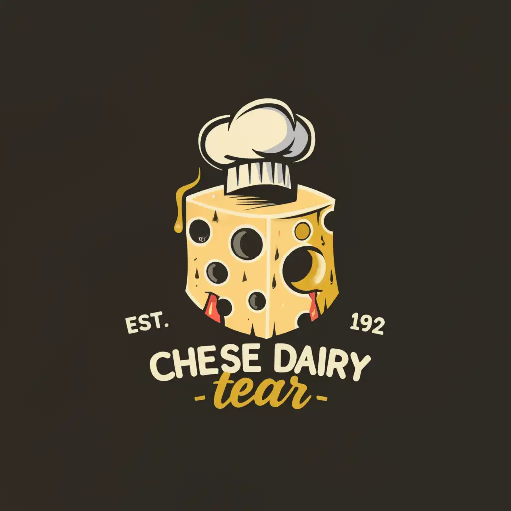 a logo design,with the text "Cheese Dairy Tear", main symbol:cheese, cheese head, cheese with holes, a drop of milk drips from the cheese, cheese factory, old cheese factory,Moderate,be used in Restaurant industry,clear background