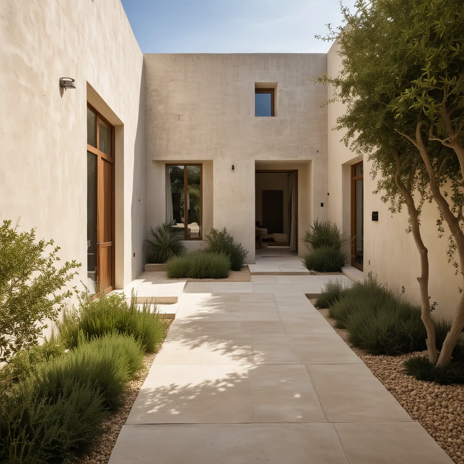 a mediterranean inspired large minimalist organic home and gardens; walnut wood, limestone, flax linen, limewash walls;