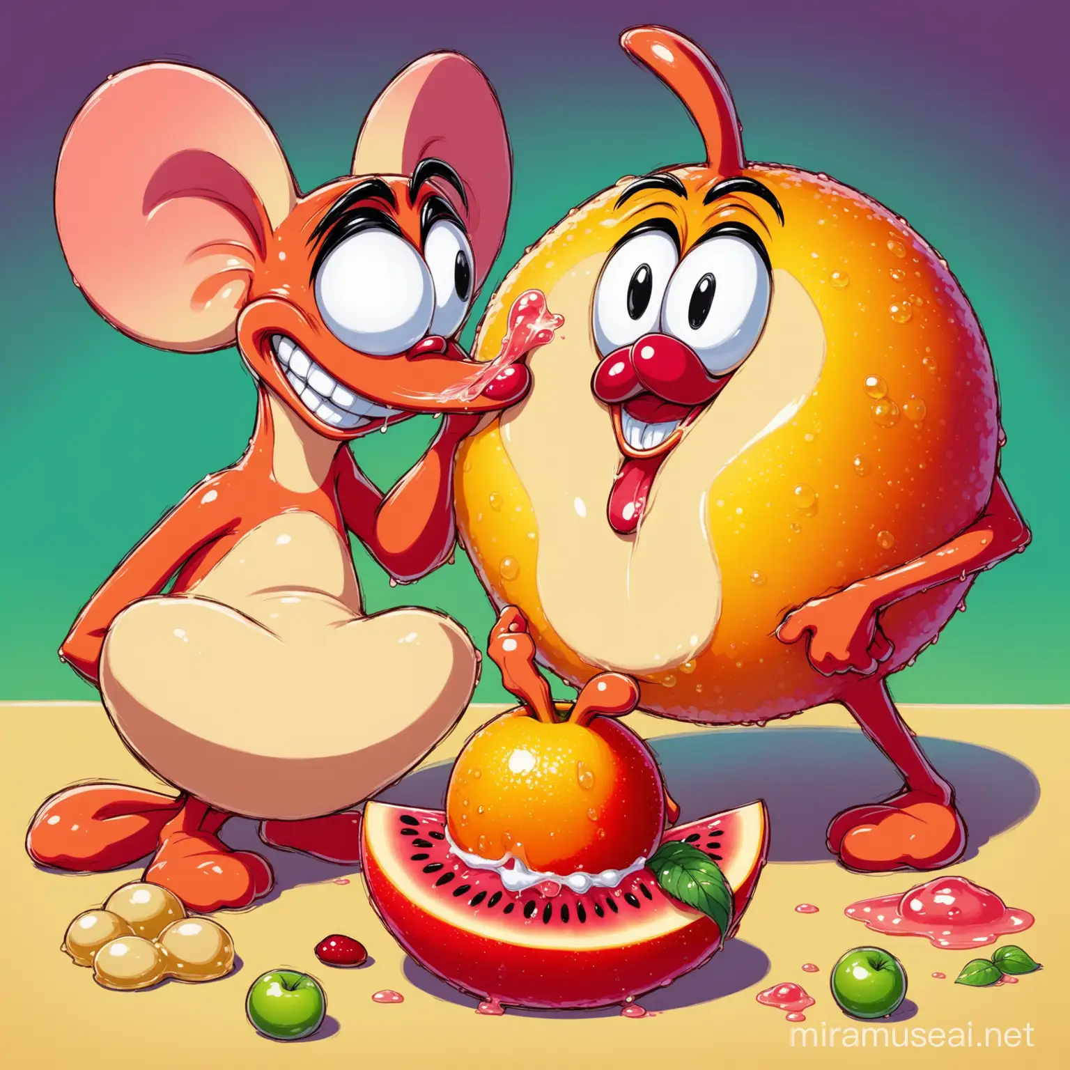 Ren & Stimpy squishing a Fruit, very stoned after taking dabs