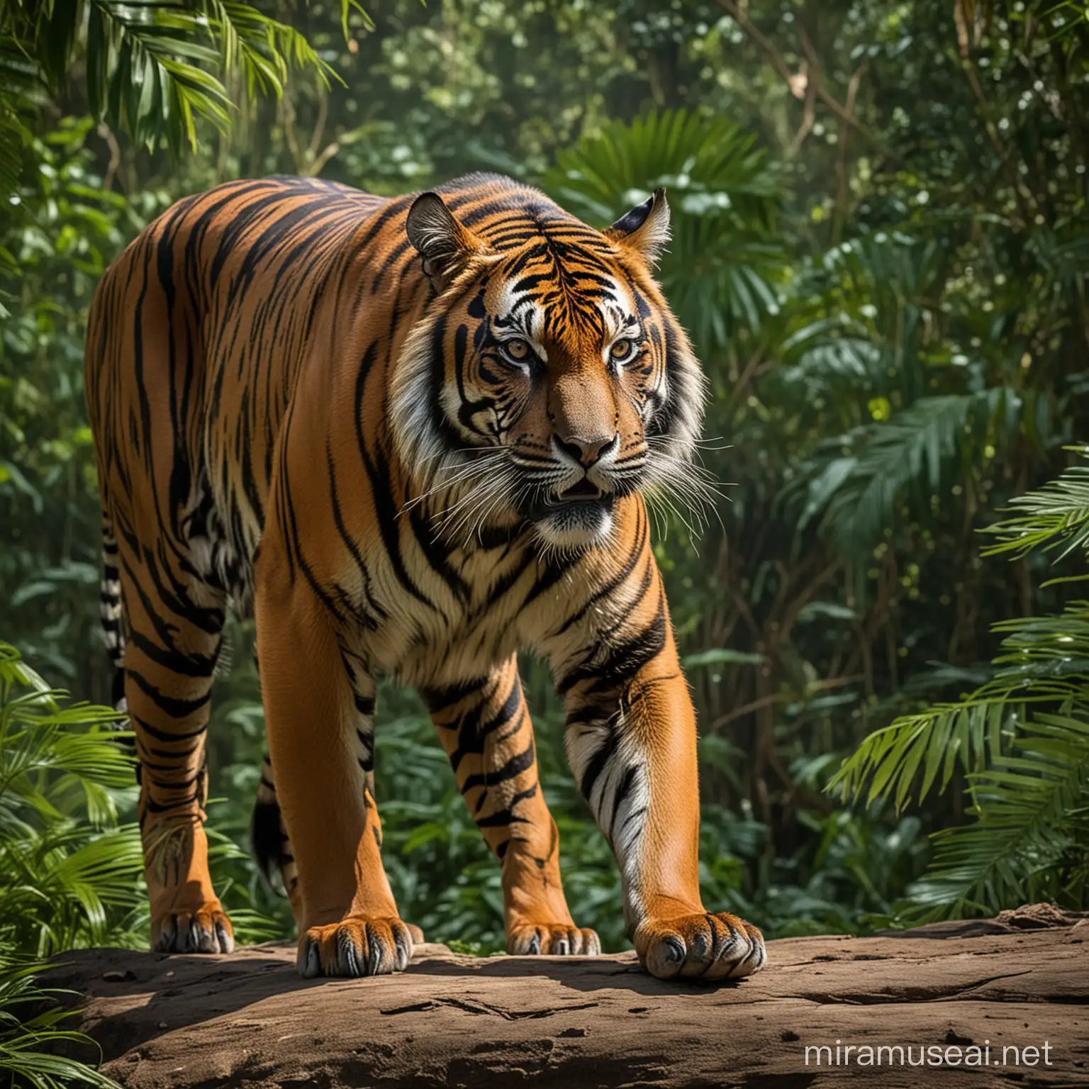 A (((vividly colored Sumatran tiger))) with sleek, powerful movements, commandingly posed in a (serene jungle setting) with transparent background