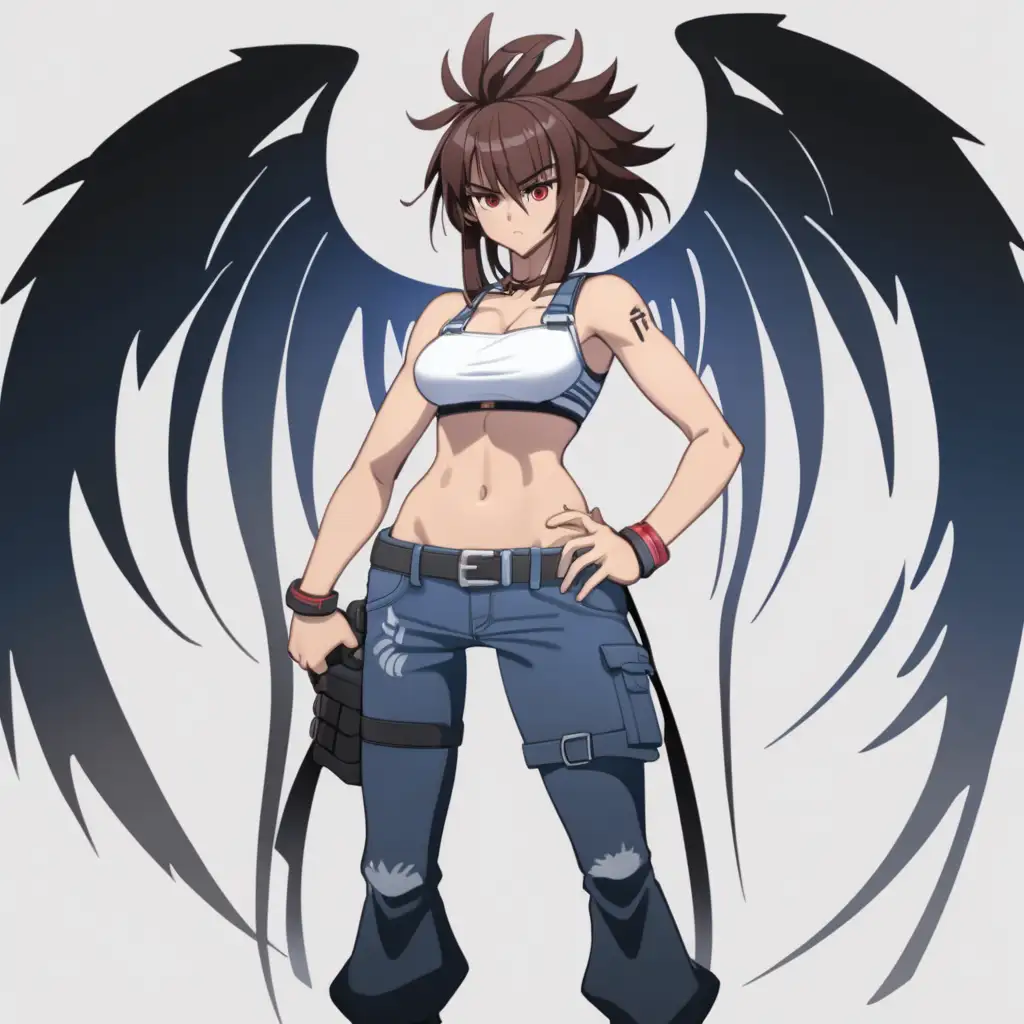 anime woman, tall, buff, half demon, half angel, bored expression, angry, low energy, tired, intimidating, wild hair, judgement, standing tall, full body, looking over shoulder, dynamic pose, battle stance