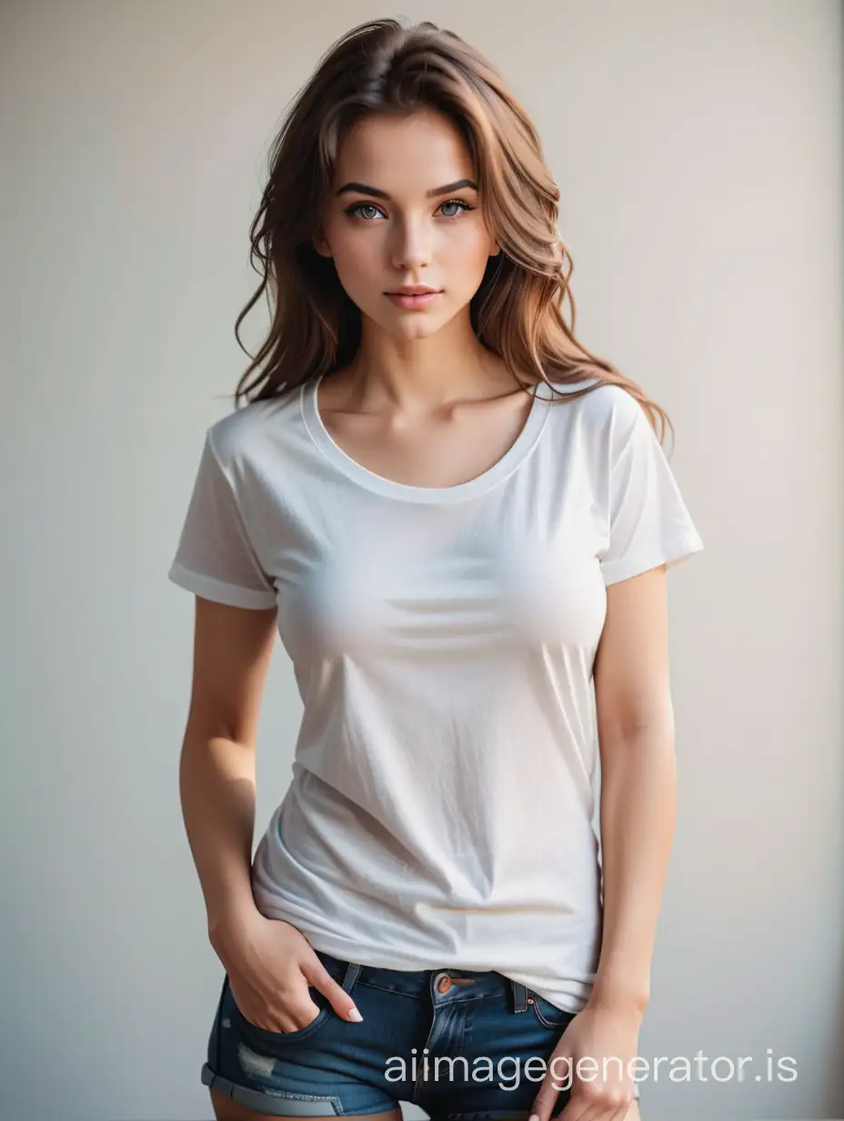 Professional photograph of a young attractive and sexy woman in only a t-shirt. Full body shot. Natural light (realistic photograph). 80mm lens.