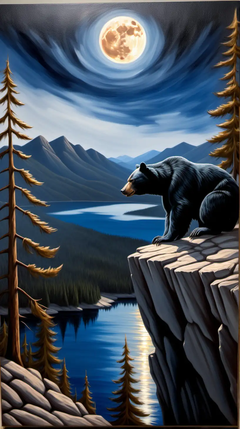 oil painting black bear  laying  cliff in front of full moon with lake and mountains in background, 
