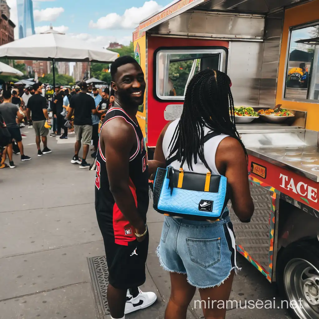 People Ordering Tacos in New York City with Jordan 15s Under Sunny Blue Skies