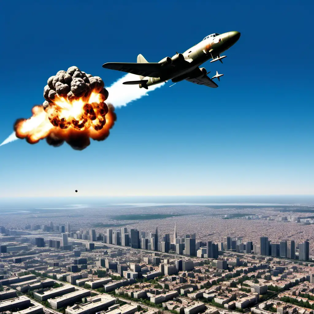 a war plane over a city in the blue skye, the plane drop a big bomb