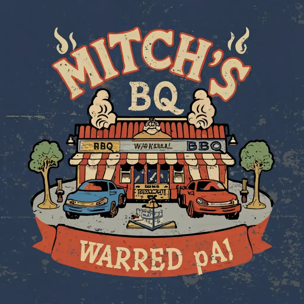 a logo design,with the text "BBQ Restaurant T-shirt Design", main symbol:Looking for a colorful t-shirt design for a BBQ restaurant featuring a colorful drawing of the building with cars in the parking lot and smoke in the background. We would like to see designs with the text Mitch's BBQ and subtext Warrendale, PA. Make space for a tagline like "Home of the Immaculate Brisket". Attaching photo of building as well as example designs we like for inspiration. We'd like to try to incorporate the penguin pulling a train of smokers if possible as well somehow (Pictured on the side of the trailer in the photo).

,Moderate,clear background