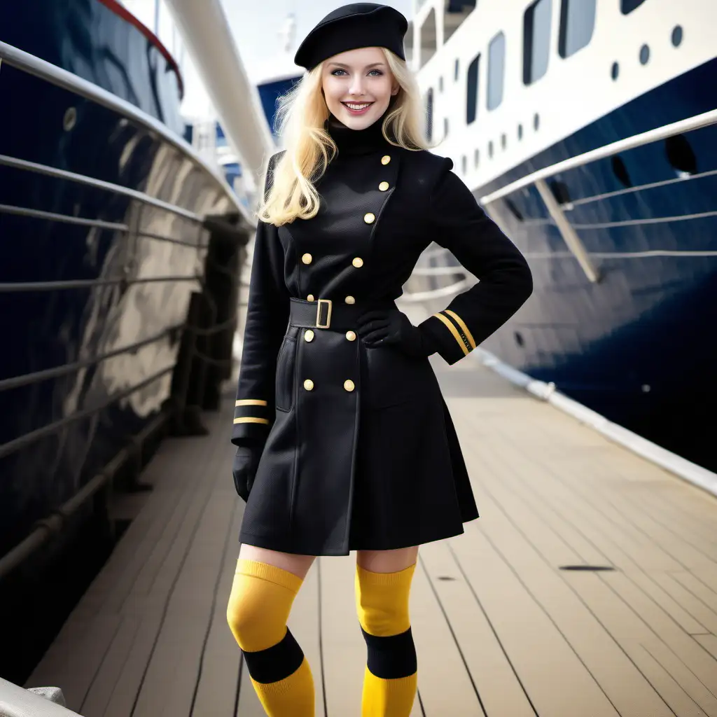 subject: smiling, friendly looking flawless blonde nordic beauty. age 26, long blonde hair, hidden under a black beret costume : black woollen turtleneck , miniskirt  , yellow tight length socks , black hiking shoes action :being observed by female spy in trench coat. book cover for a suspenseful spy novel background : spy story on a luxury cruise ship