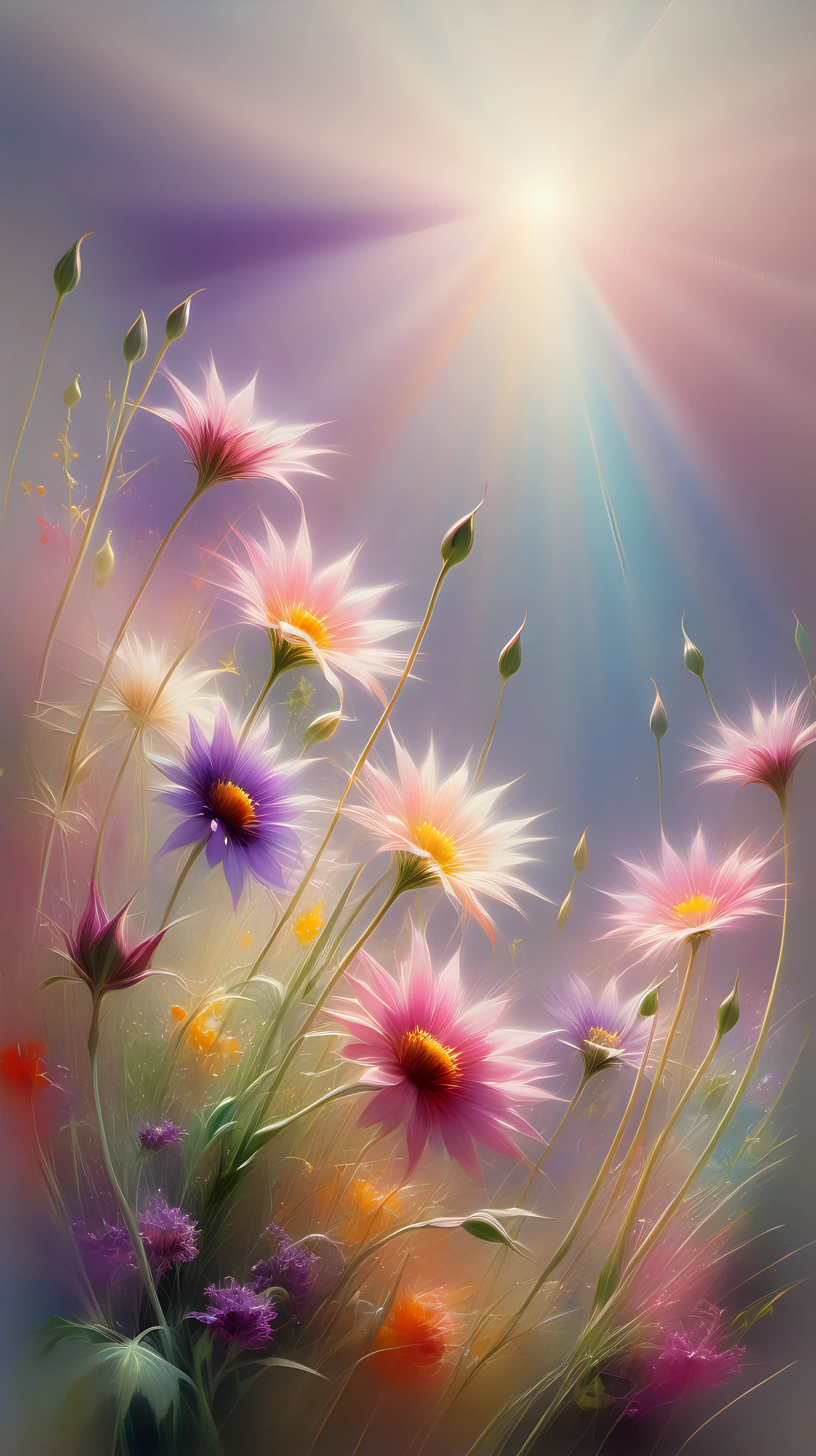 Abstract painting of vibrant flowers with pink and purple petals and green stems around each delicate bud, in a dreamy atmosphere of soft pastels and warm tones, art by Myles Birket Foster, Crepusclar rays, V-ray --v 5. 1 --style raw --s 250 --ar 9:16