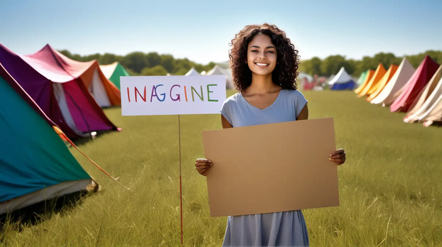 /imagine prompt: A young adult female standing in a sunlit field, vibrant tents of various colors dotting the background. She holds a blank cardboard sign, with a gentle breeze suggesting movement in her hair and the tent fabrics. Created Using: daylight setting, vibrant colors, field backdrop, gentle breeze, movement, casual attire, clear sky --ar 16:9 --v 6.0