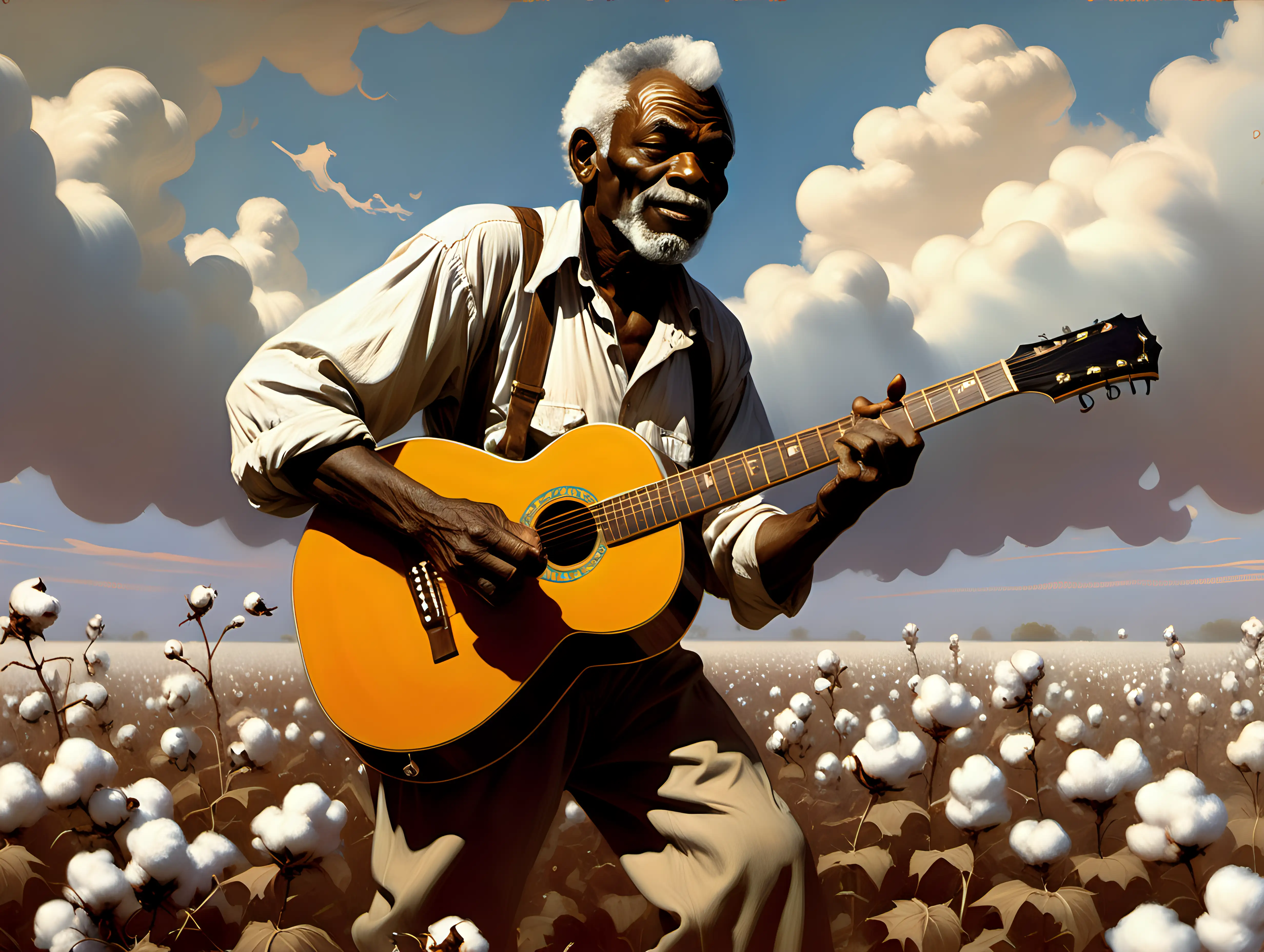 Elderly black man playing guitar standing in a cotton field Frank Frazetta style