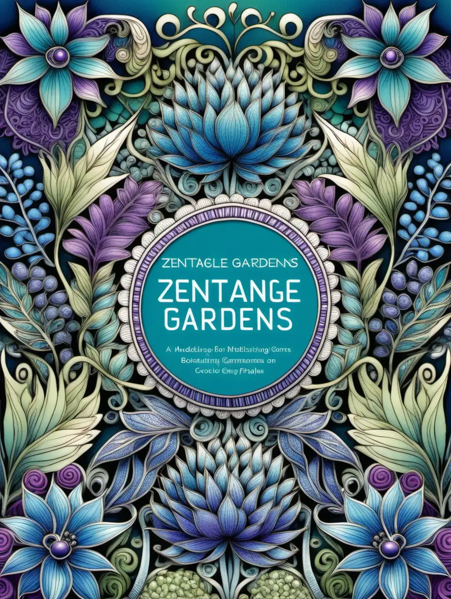 Zentangle Gardens, book cover that  combines the meditative and intricate patterns of Zentangle art with exotic and imaginative botanical gardens, a soothing colour palette that includes vibrant blues, greens and purples, incorporating metallic or shimmering accents to add a touch of elegance  offering a creative and calming coloring experience.