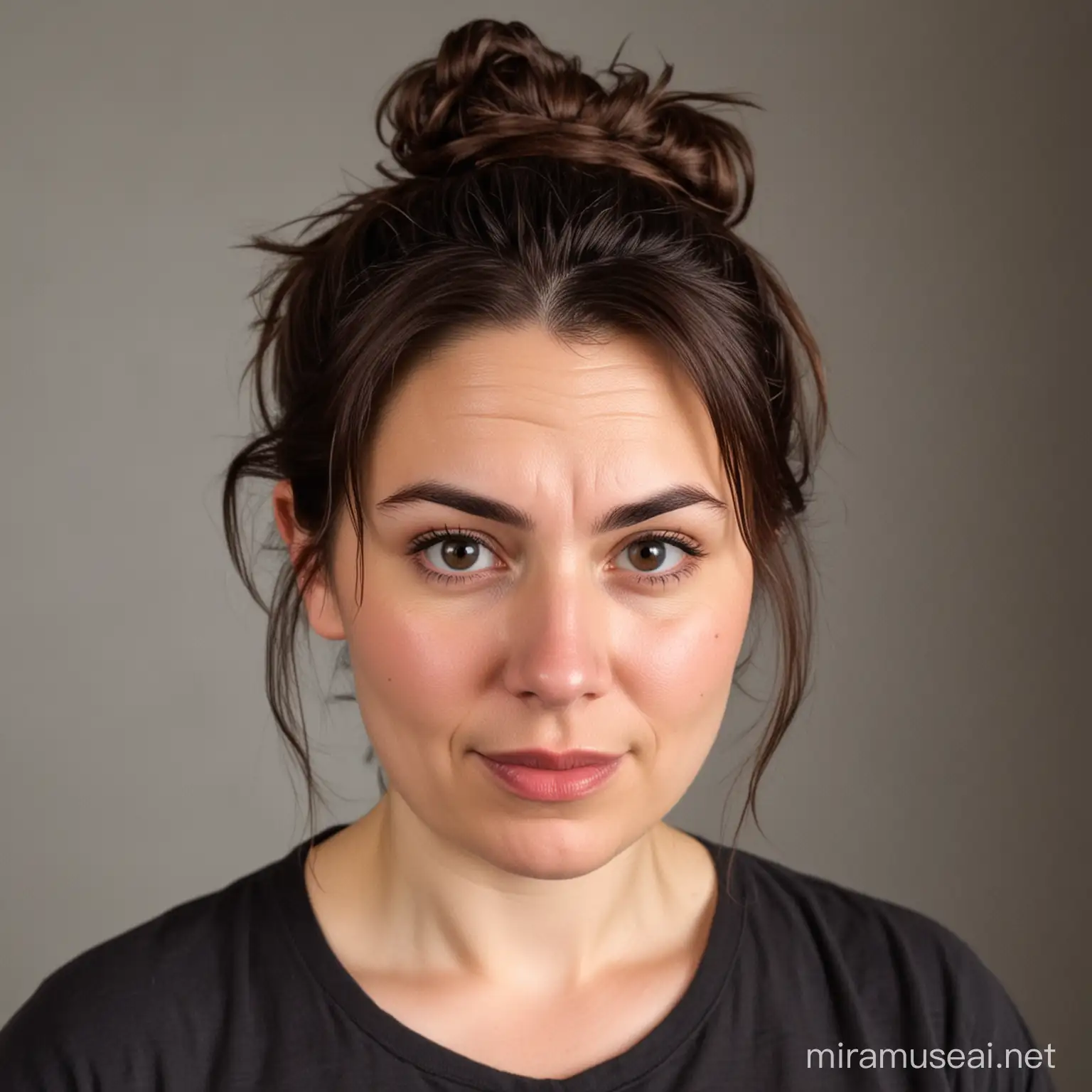 middle age technical theater teacher, pale woman, dark brown hair in messy bun, round face, chubby
