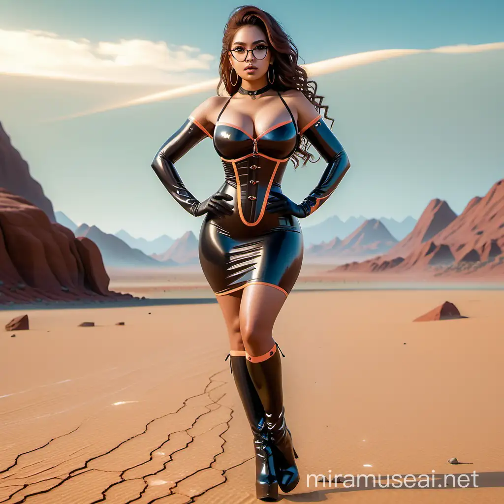 Exotic Woman in Latex Corset and Steampunk Rock Attire Strides Through Fallout Universes Nuclear Desert under Rainy Sky