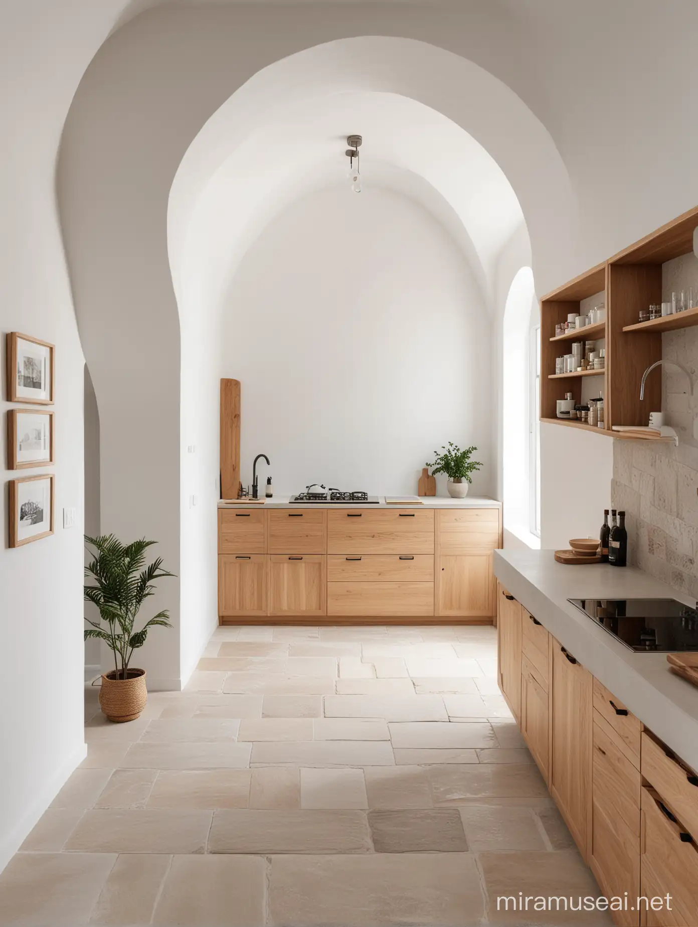 Minimalist Kitchen Interior with Wooden Accents and Stone Floor