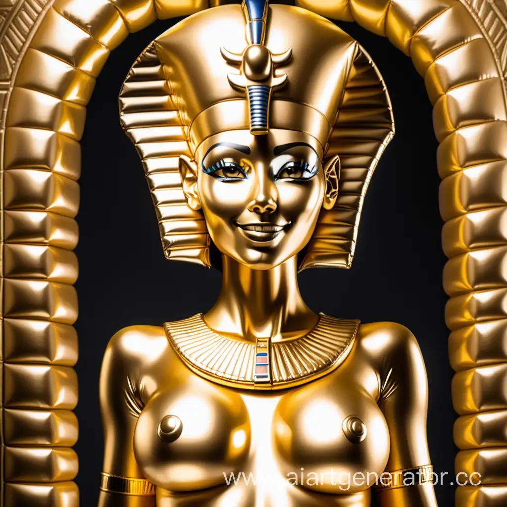 Надувная Девушка в образе саркофага фараона с золотой латексной кожей в одежде фараона улыбается с золотым латексным лицом с полностью золотым телом