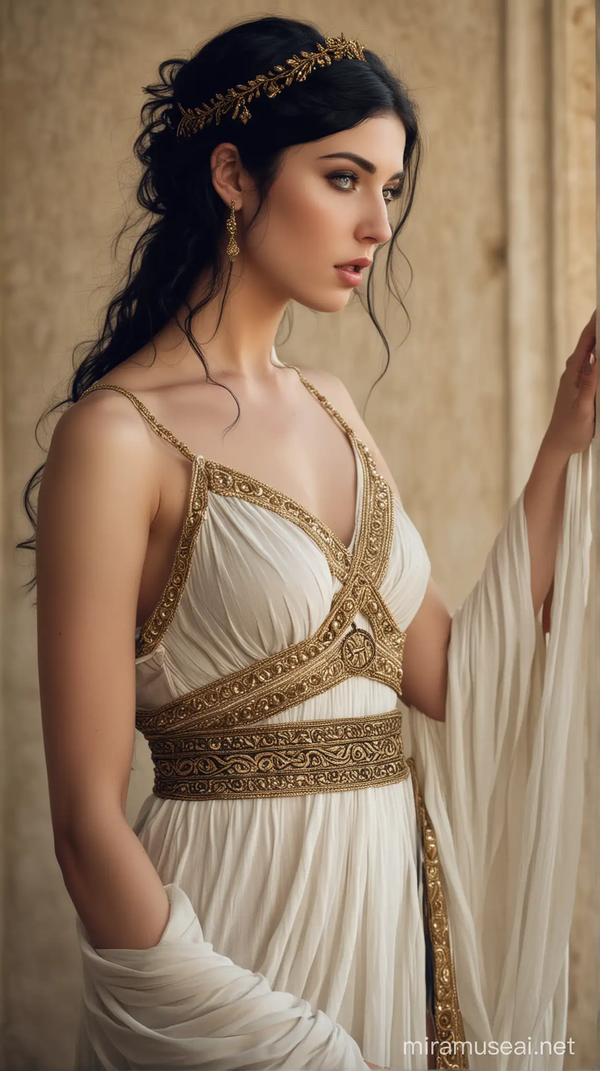 Medea, piel clara, cabello negro, vestimenta sensual griega