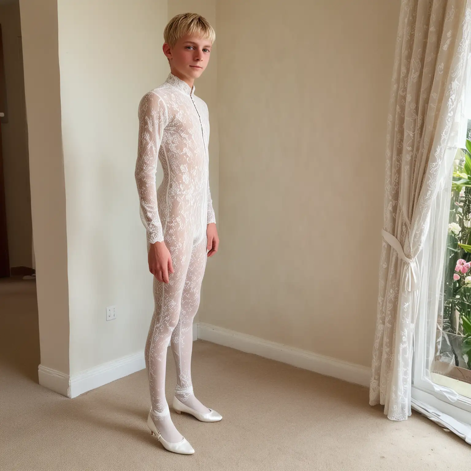very, very, thin 16 year old blond boy in skin-tight white lace catsuit at wedding. White knee-length ballet shoes. he has 35cm waist. no collar