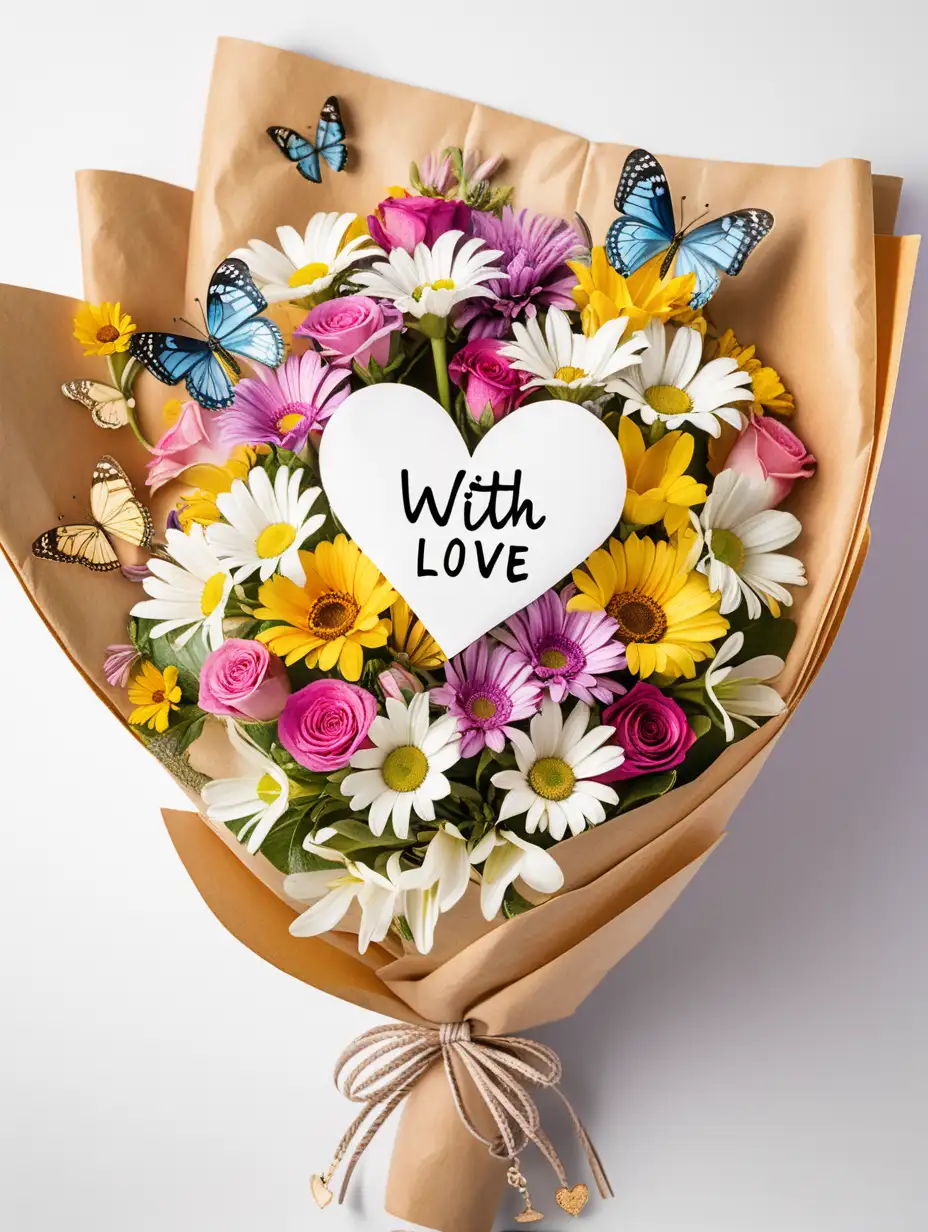 A bunch of flowers in a bouquet with butterflies and hearts around it, the message "with love" on the paper of the bouquet wrap. The background is white 