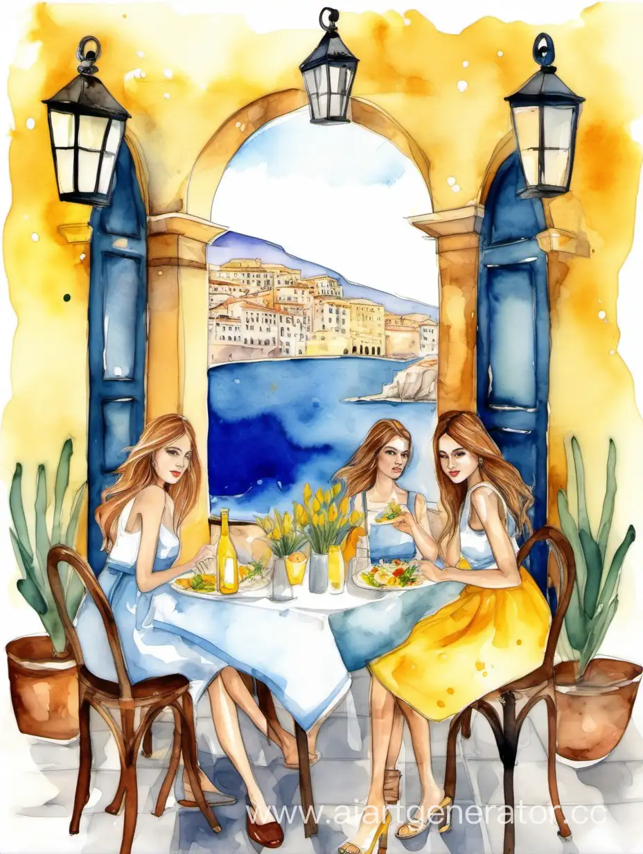 8 марта в средиземномораском стиле с девушками в акварельном стиле в ресторане синими и желтым цветами