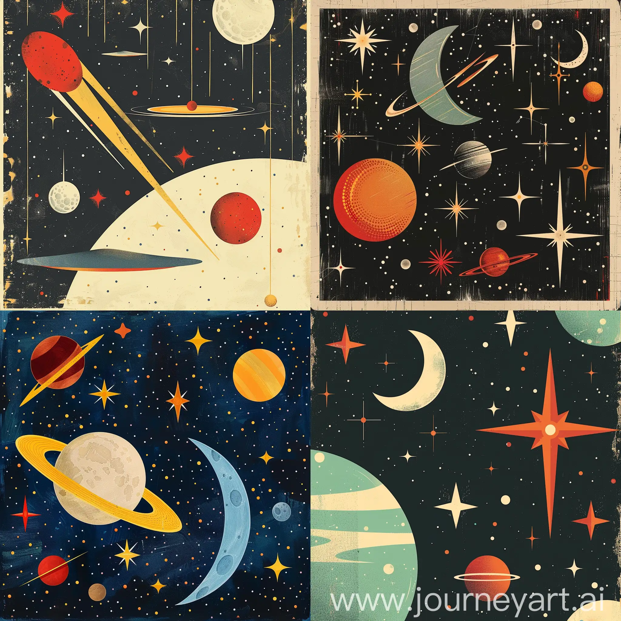 create an illustration of space including moon, stars and planets ,Josh Agle's Mid-century Modern style.
