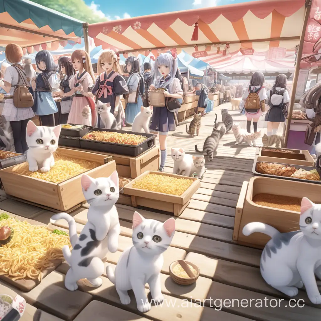 Аниме японский фестиваль широким планом с котиками, чтобы было видно лавки с едой