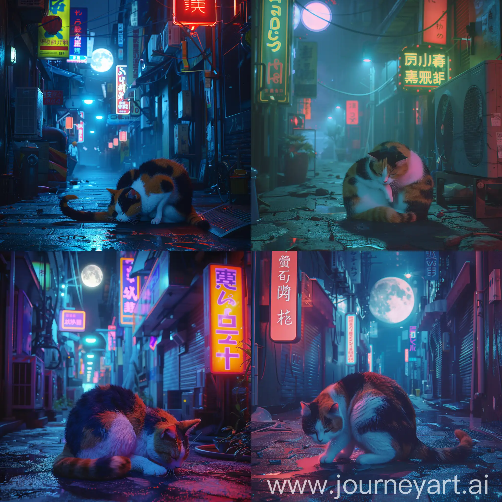 japanese futuristic bladerunner 2044 style, a plump cute calico cat plonked on her butt, cleaning herself in a pristinely clean urban alley, at night with afull moon, and lit by neon signs in japanese