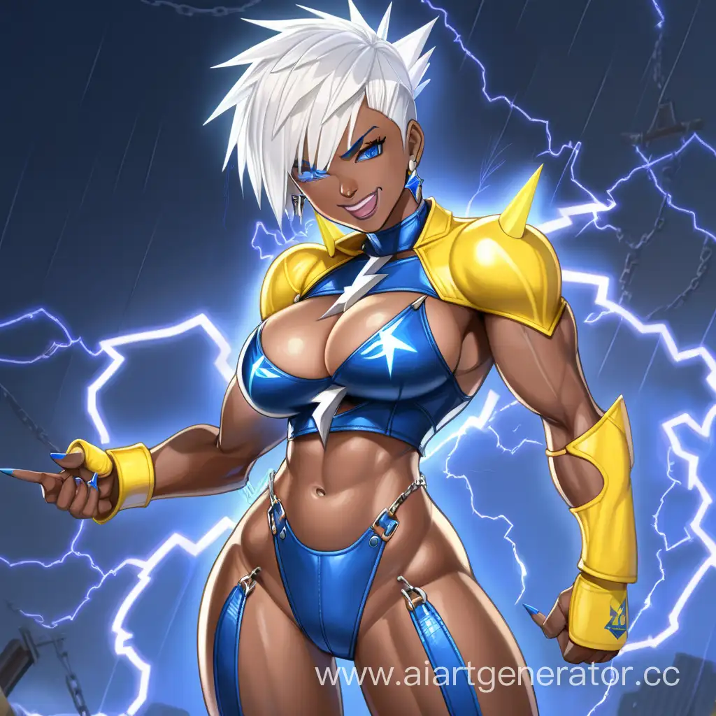 Lightning Storm, 1 Person, Women, Human, Blue Horns, White Hair, Short hair, Spiky Hairstyle, Dark Brown Skin, Yellow Full Body Suit, Chocer, Chains, Blue Lipstick, Serious smile, Big Breasts, Blue-eyes, Sharp Eyes, Flexing Muscles, Big Muscular Arms, Big Muscular Legs, Well-toned body, Muscular body, Yellow Lightning