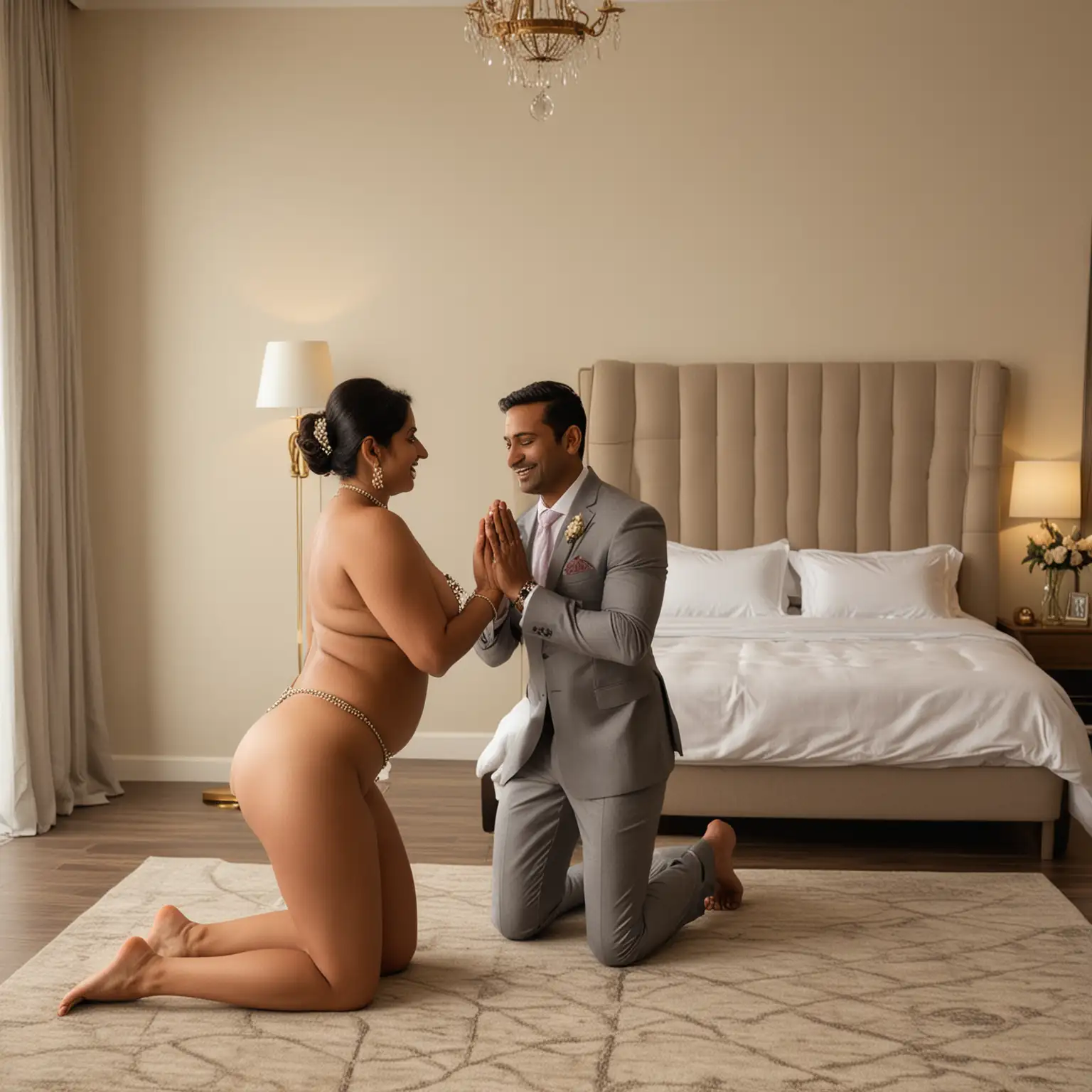 Generate full body image of a 40 year old very busty and curvy fully naked Indian woman wearing jewelry kneeling down and doing namaste in front of her boyfriend who is standing and proposing to her while wearing a formal suit in a hotel bedroom