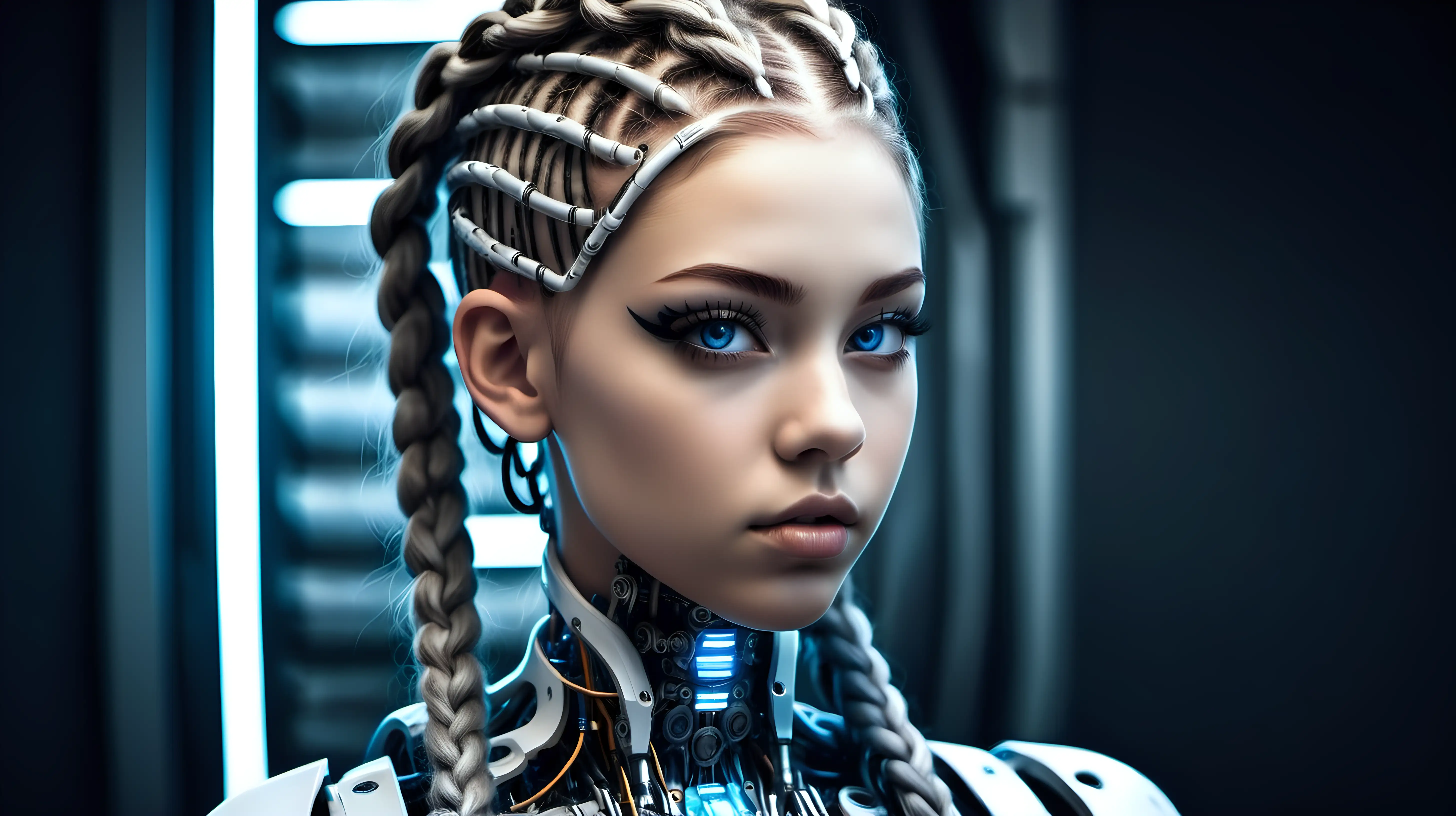 Gorgeous cyborg woman, 18 years old. She has a cyborg face, but she is extremely beautiful. Futuristic braids. She is european, she is of white race/